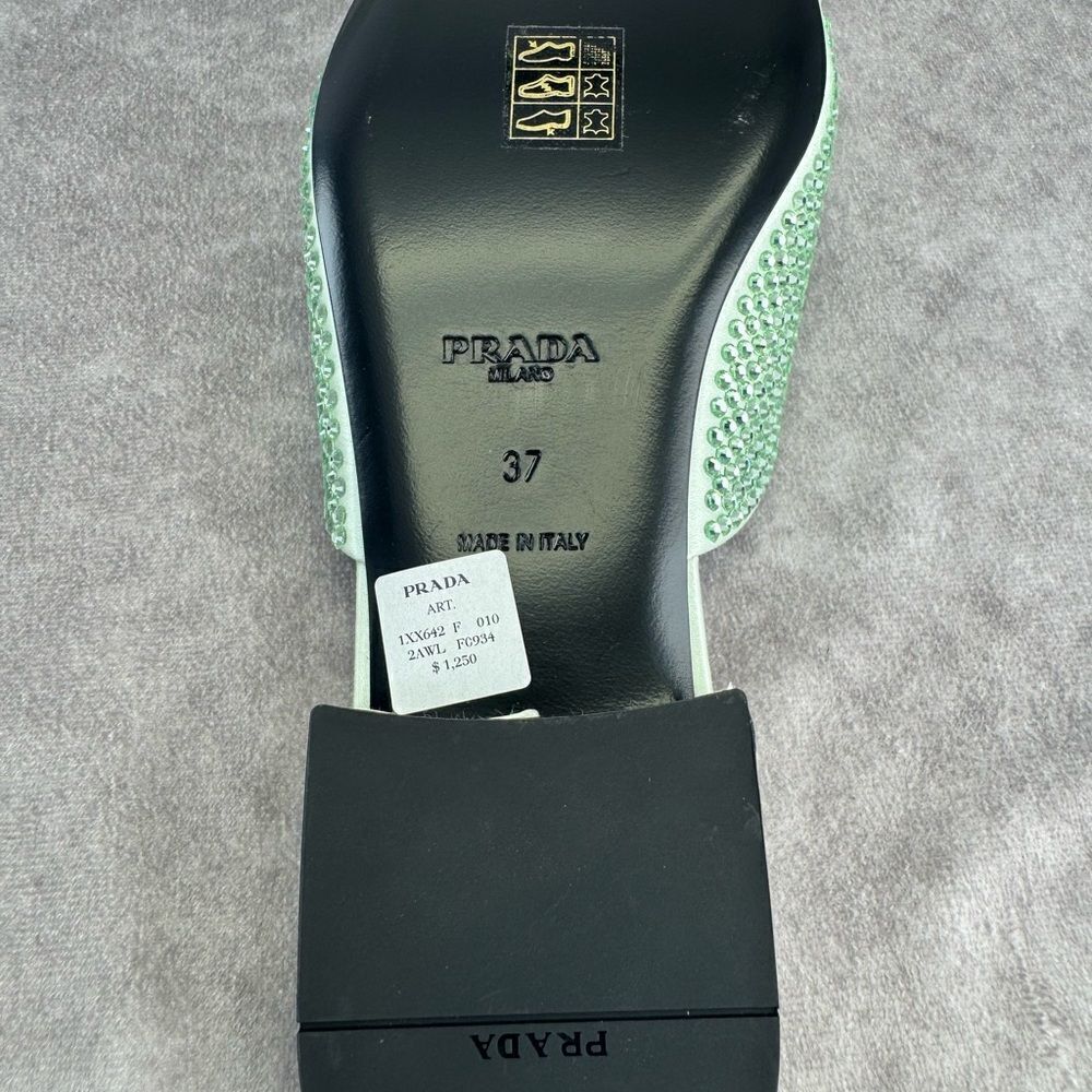 Prada Satin Crystal Embellished Green Slide Mules Sandals 37 NEW - Picture 8 of 9